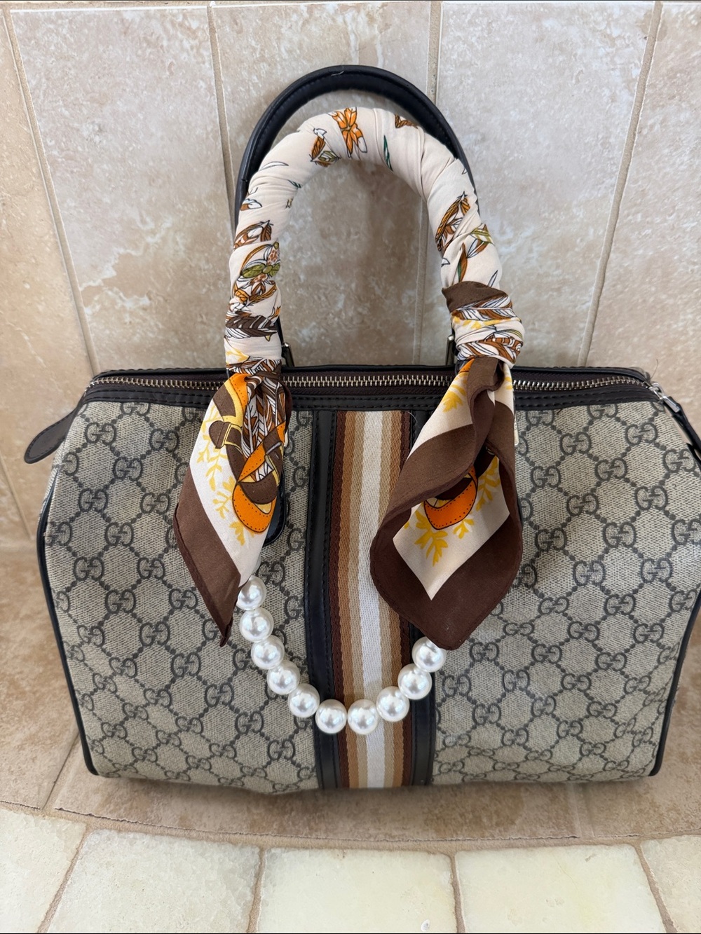 Gucci Supreme Joy Beige and Brown Satchel with Stripes